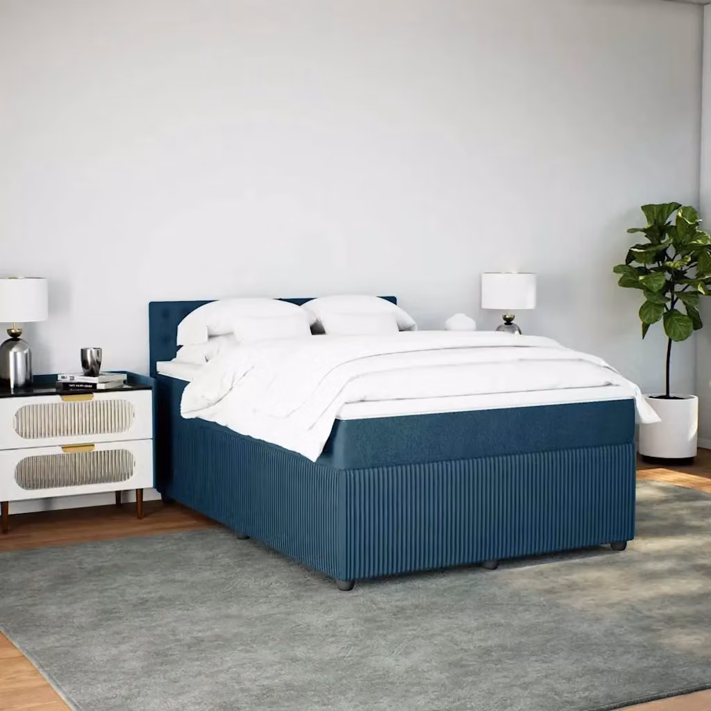 Letto con Giroletto a Molle e Materasso Ibrido vidaXL in Velluto Blu e Bianco L/P: 160 x 200 cm – 2