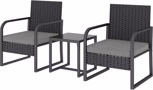 Set salotto da giardino Xylo composto da 2 poltrone in rattan e tavolino con piano in vetro nero