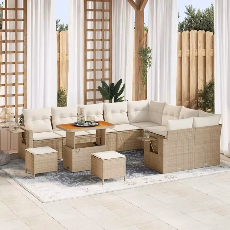 Set Divano da Giardino vidaXL 12 Pezzi a Forma di U con Tavolino e Cuscini Beige e Bianco