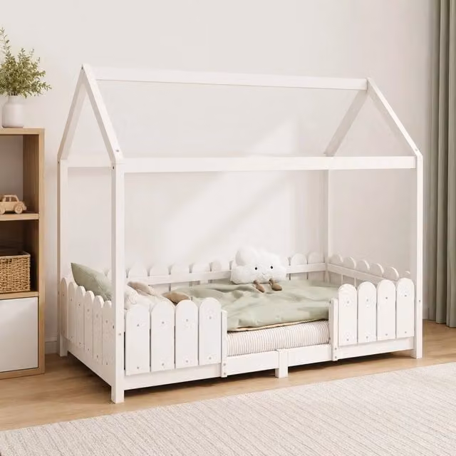 Letto a casetta REDOM per bambini in legno bianco con sponda di sicurezza L/P/H: 206 x 90 x 120 cm