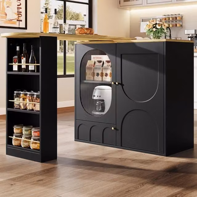 Tavolo da pranzo con piano girevole a 360 gradi, 3 ante e ripiani, per cucina e soggiorno, nero, 138 × 39 × 105 cm