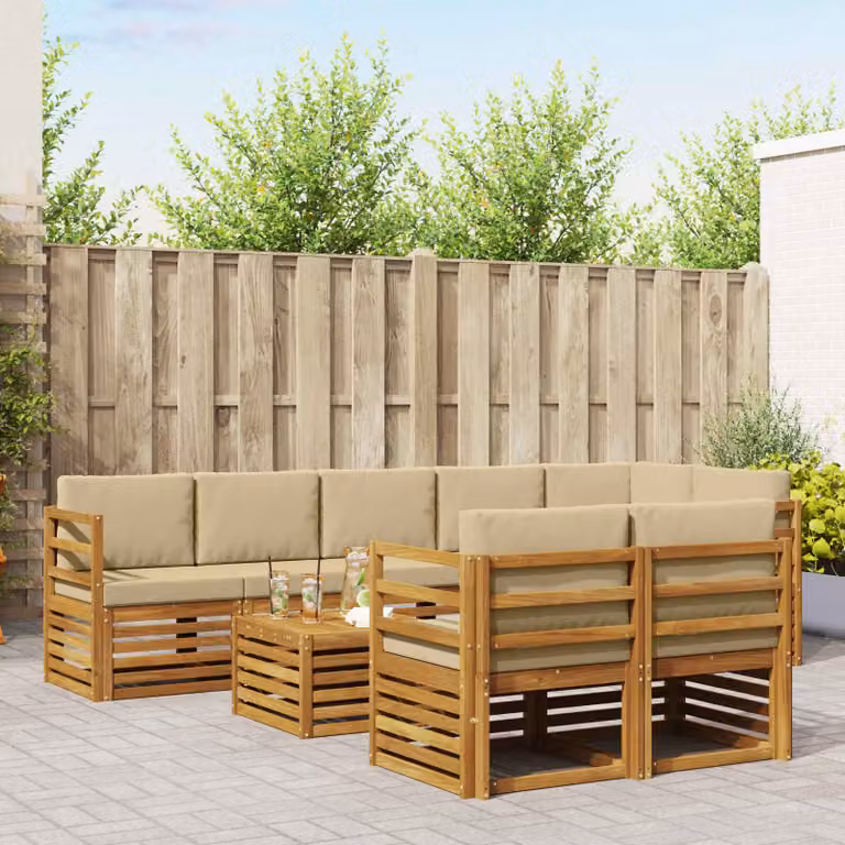 Set di divani da esterno vidaXL a forma di U composto da 9 pezzi in legno di acacia con cuscini beige e marrone