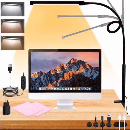 Lampada da scrivania a LED per ufficio con morsetto e porta USB – Dimmerabile – 3 colori – 10 livelli di luminosità – Funzione di memorizzazione – Protezione per gli occhi – Lampada da fissaggio
