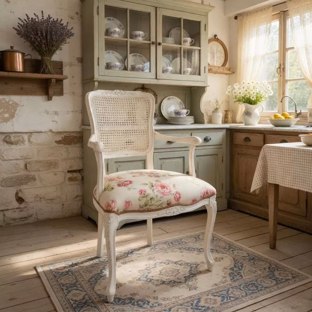 Poltrona parigina in stile shabby con struttura in legno di faggio e tessuto floreale bianco Mobili 2G L/P/H: 55 x 45 x 85 cm – 4
