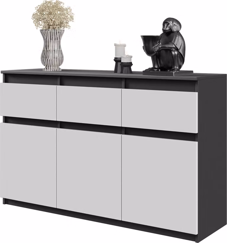 FURNICA - NOAH - Cassettiera / credenza con 3 cassetti e 3 ante - grigio antracite / bianco opaco H75cm L120cm P35cm