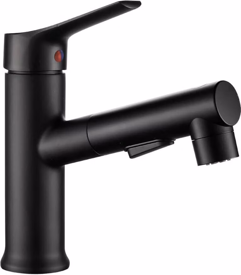 Miscelatore per lavabo Fonte nero, bocca estraibile, monocomando, testa in Vetroceramica, montaggio a parete, click-clack, EKO, sporgenza 153 mm