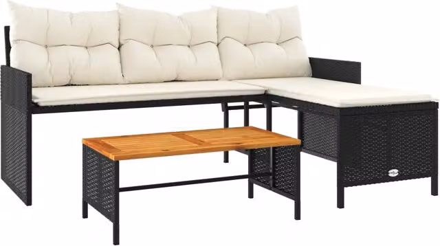 Divano da Giardino-Sofa da giardino con Tavolo e Cuscini a L Nero in Polyrattan