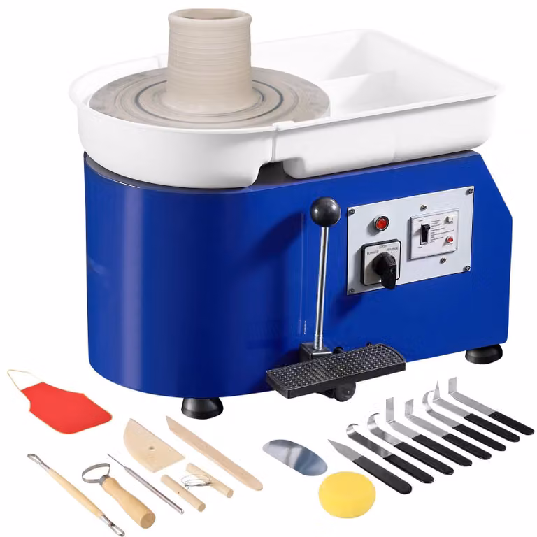 Tornio per Vetroceramica elettrico - Tornio per Vetroceramica da 350 W - Piatto girevole da 28 cm - Velocità: 60–300 giri/min - Pedale manuale e pedale a piede - Vasca in ABS rimovibile - Colore: blu