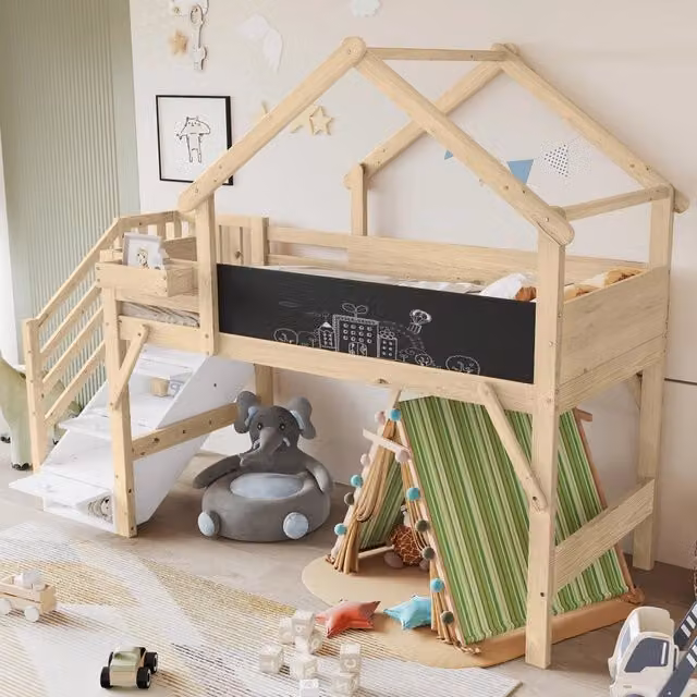 Letto a castello per bambini 90 × 200 cm, scala con 3 vani, lavagna e barriere, senza materasso, bianco naturale