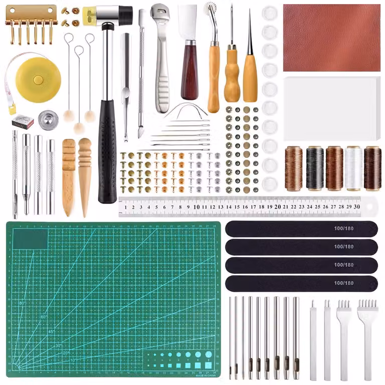 Omgoods - Set di strumenti da 58 pezzi - Set di strumenti per la lavorazione della pelle - Cucito a mano - Accessori inclusi: filo e altri elementi - Utensili pratici per il fai-da-te - Ideale per la lavorazione della pelle