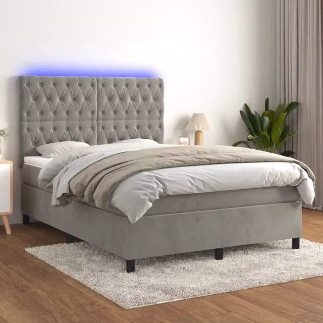 Letto matrimoniale con materasso ibrido e illuminazione LED vidaXL in velluto grigio chiaro, L/P/H: 203 x 144 x 128 cm
