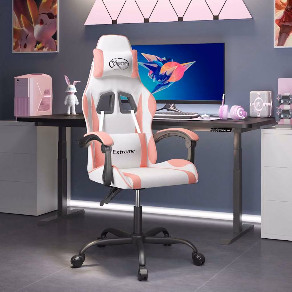 Sedia da Gaming Girevole vidaXL in Similpelle Bianco e Rosa con Poggiatesta e Braccioli