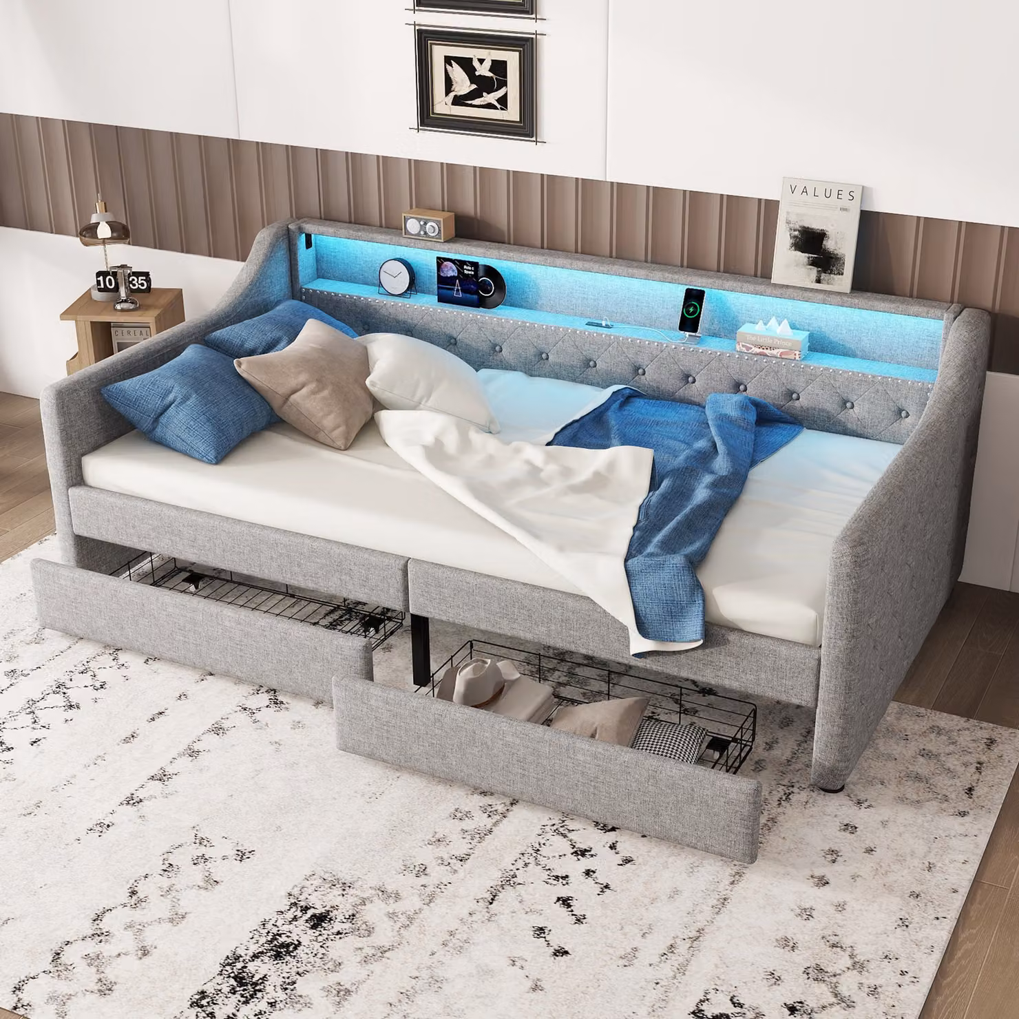 Letto imbottito Flieks 90x200cm con USB e LED, divano letto day bed con 2 cassetti, letto singolo in legno letto funzionale con rete a doghe, biancheria