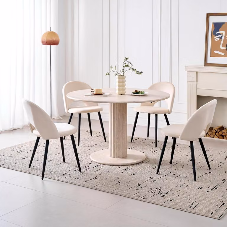Set per sala da pranzo: tavolo rotondo da 115 cm di diametro con 4 sedie in velluto, color beige