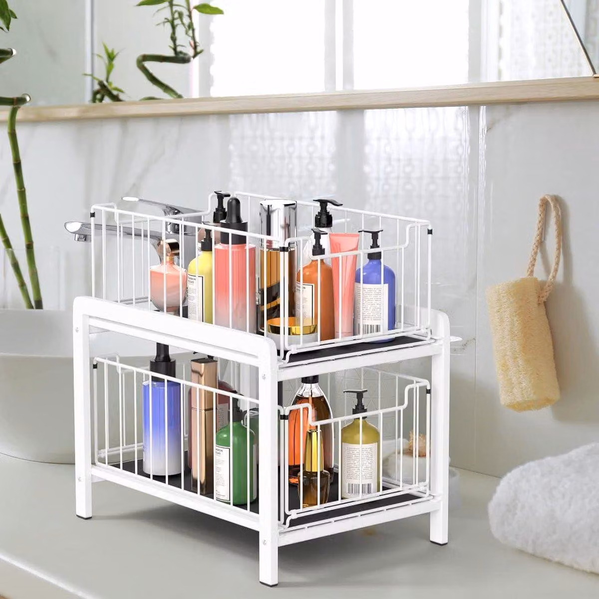 Cassetto organizer estraibile con 2 ripiani - Contenitore per cassetti in metallo removibile - Cesto portaoggetti nero e dorato - Ideale per cucina e bagno