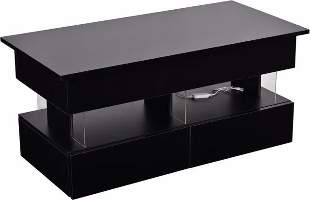 Tavolino da caffè nero 100x50x46 cm con piano regolabile, 2 cassetti e illuminazione LED controllata via app
