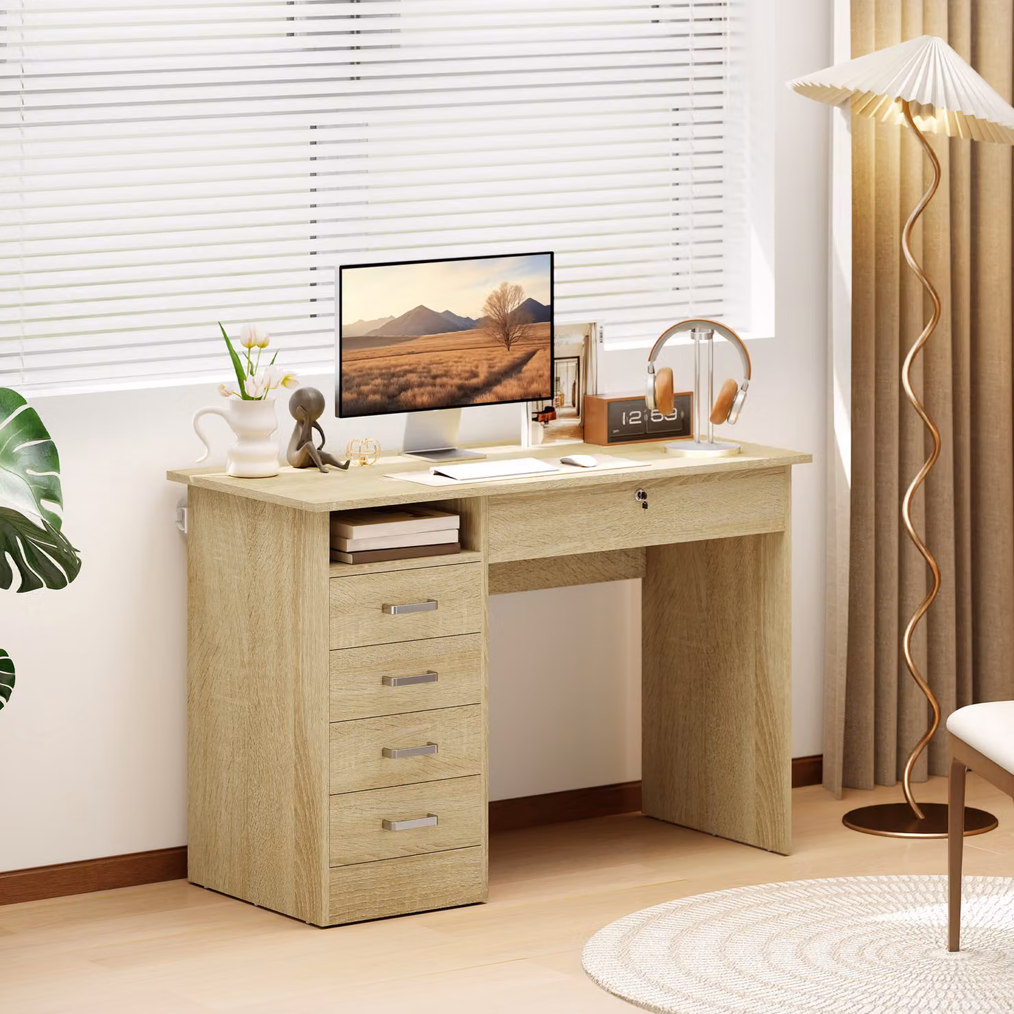 Scrivania moderna HOMCOM per computer con 5 cassetti e vano aperto, colore rovere, L 110 x P 50 x H 76 cm – 2