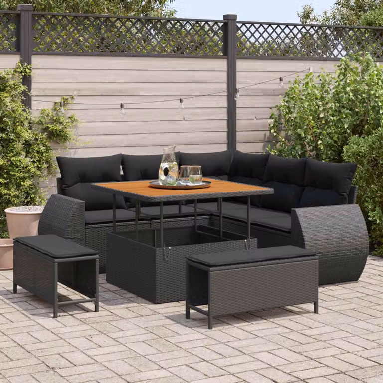 Set Divano da Giardino a L vidaXL 8 Pezzi Nero con Cuscini e Tavolino in Polyrattan e Acciaio