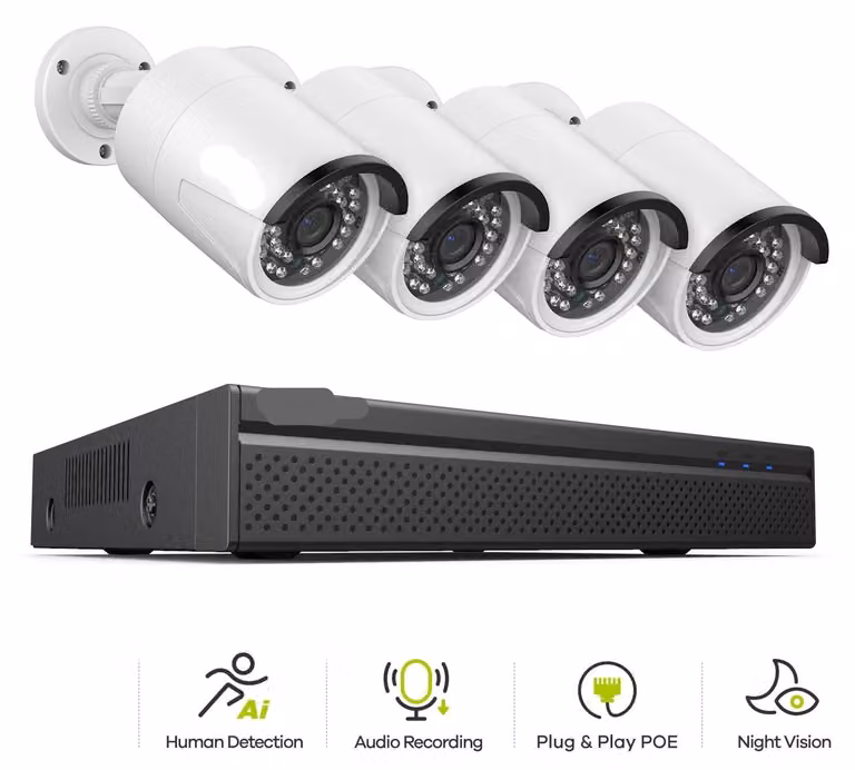 Sistema di videosorveglianza con telecamera da 3MP e videoregistratore NVR a 8 canali, progettato per uso esterno e dotato di tecnologia di rilevamento AI
