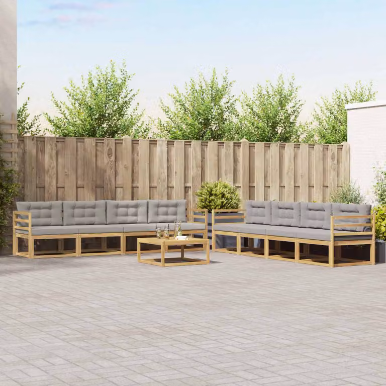 vidaXL Set di divani da esterno a forma di U composto da 9 pezzi in legno di acacia con cuscini, colori bianco, grigio e marrone