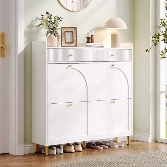 Armadio per scarpe stretto - Xylo - 106,5x25x105,5 cm - Bianco - 4 ante battenti e 2 cassetti