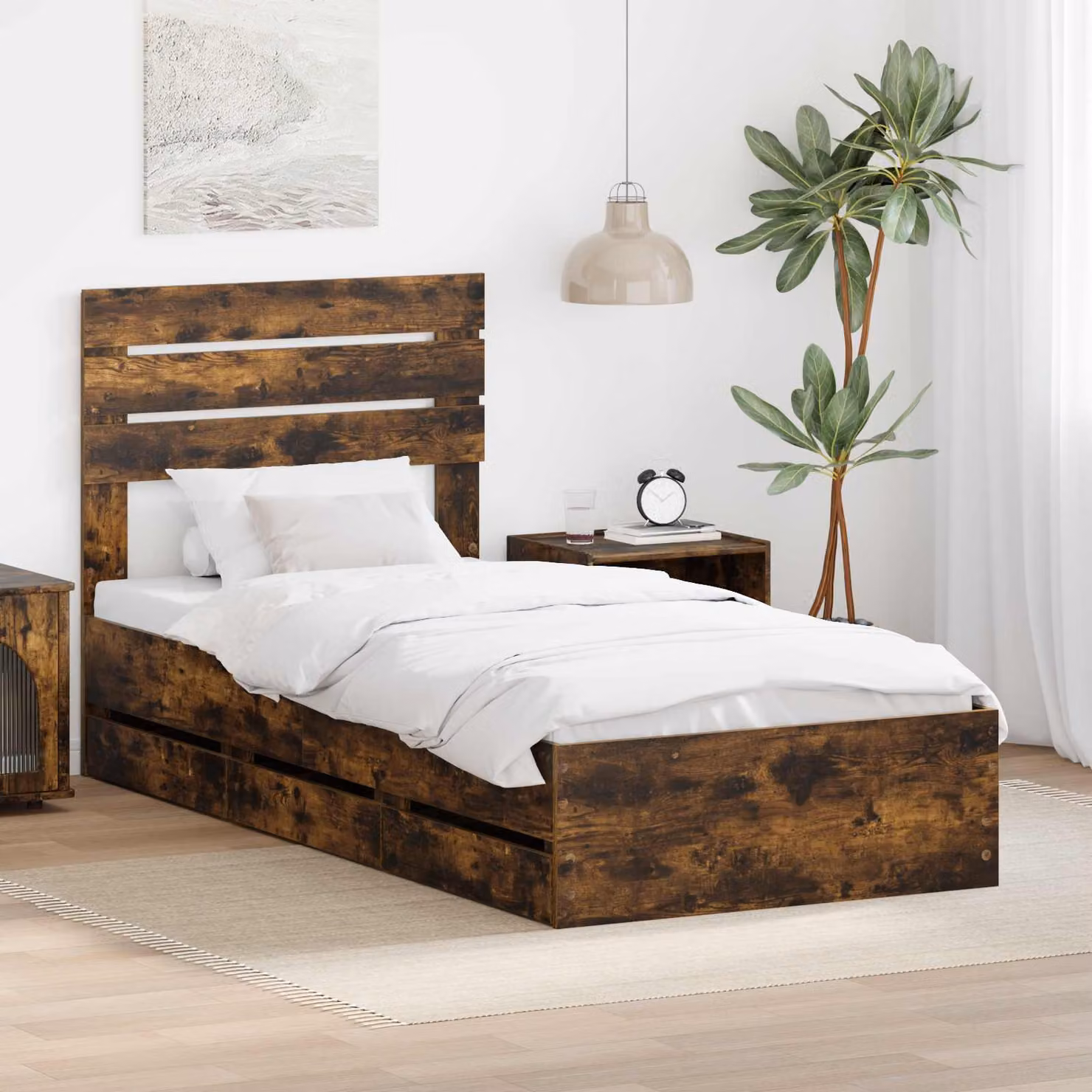 vidaXL Struttura del letto con cassetto in legno Rovere fumé L/P/H: 206 x 90 x 93 cm