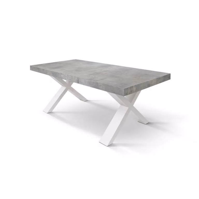 Tavolo allungabile AMALFI in legno grigio cemento e gambe a X bianche, allungabile 180×90 cm – 260×90 cm