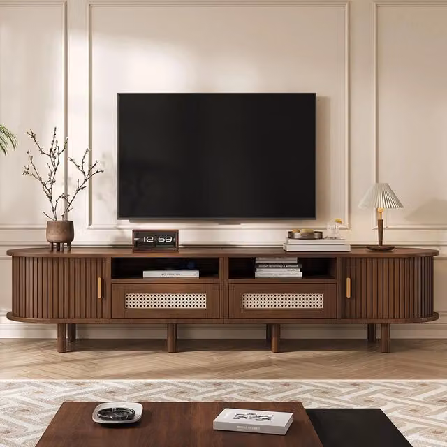 Mobile TV Ovale 170x40x40cm - Xylo - 2 Cassetti in Vimini, 2 Ante Scorrevoli, Noce