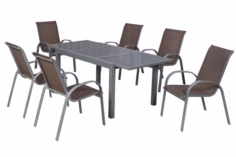 Set di mobili da giardino Merxx Amalfi taupe 7 pezzi, 6 sedie impilabili, 1 tavolo allungabile 160 (220) x 90 cm - alluminio/tessuto