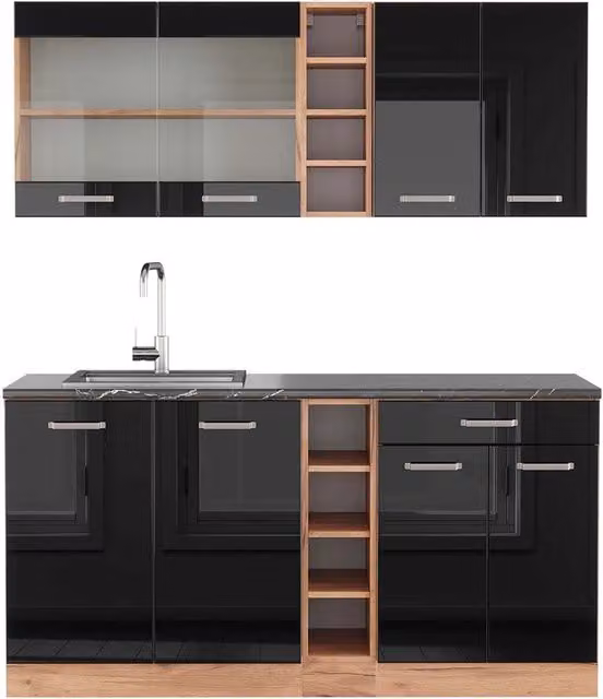 Cucina completa R-Line Vicco Nero lucido e Rovere dorato con piano antracite, L: 160 cm