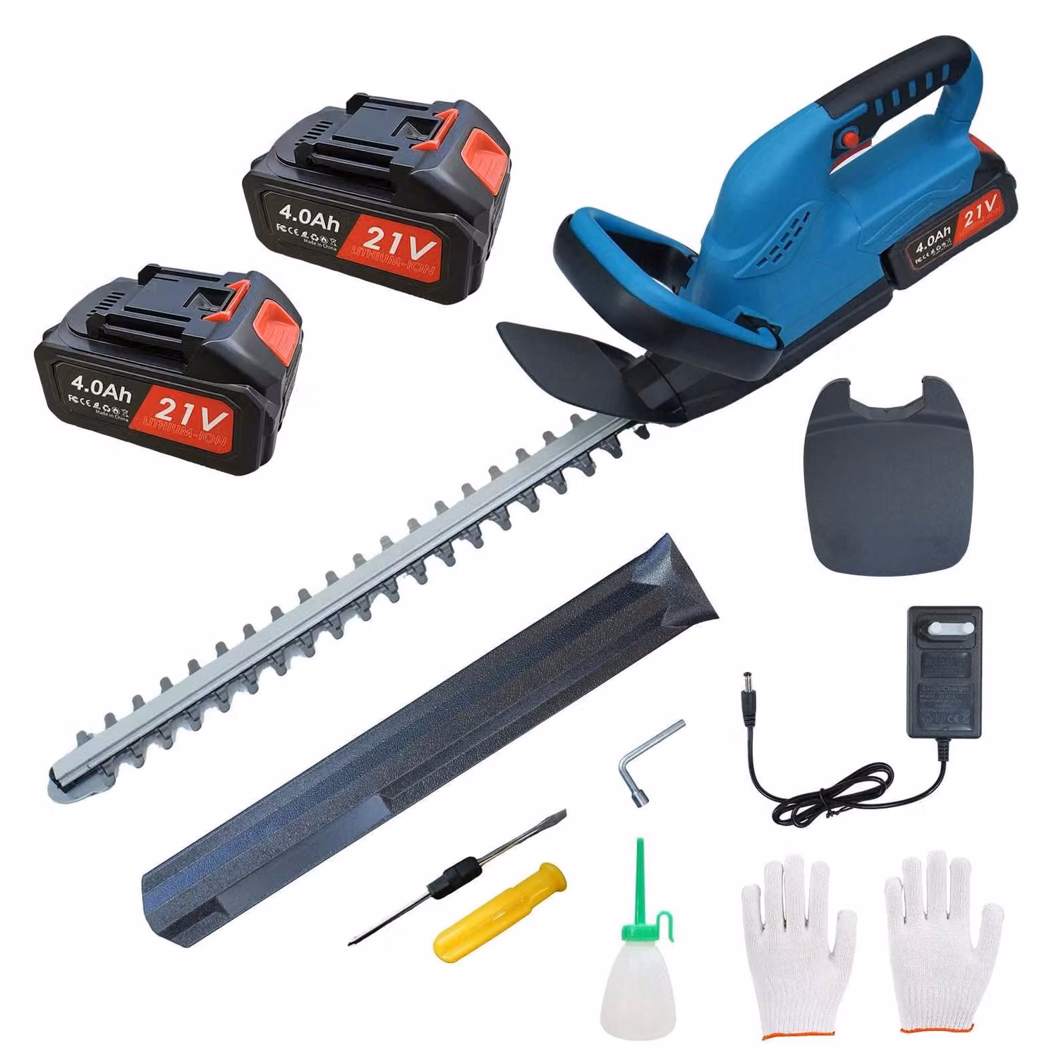 Tagliasiepi a batteria AIORBER da 21 V con motore brushless da 650 W e 2000 giri/min, lunghezza di taglio 52 cm, lame a doppia azione per arbusti da giardino, colore blu
