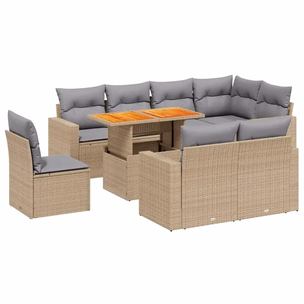vidaXL Set Divano da Giardino 9 pz a Forma di L in Polyrattan con Cuscini Beige e Tavolino da Caffè Moderno – 2