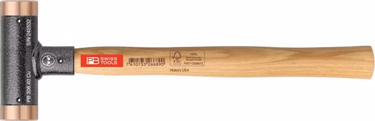 PB Swiss Tools Martello anti-rimbalzo, con inserti in rame, manico in legno di hickory, 40 mm