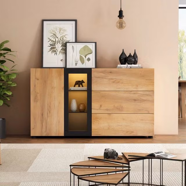 Madia moderna REDOM con LED in MDF e vetro, Marrone e Nero, L 140 x P 40 x H 80 cm