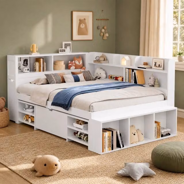 Letto per bambini per materasso 140 x 190 cm; con cassetti e vani; compensato bianco