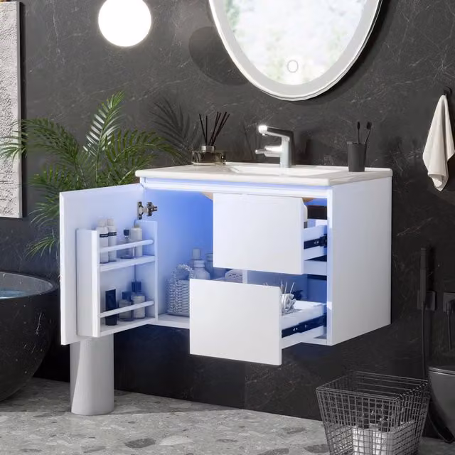 Mobile bagno sospeso 76x46x50 cm con lavabo integrato, 2 cassetti su guide silenziose, illuminazione LED a sensore radar, ripiani laterali, finitura laccata bianca