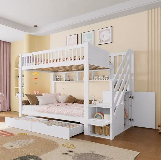 Letto a castello ULEVR 90x200 cm con scala contenitore, armadio, cassetti e ripiani, bianco