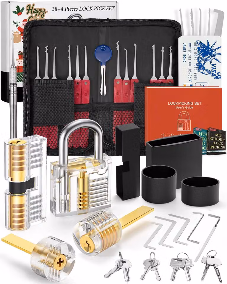 Set di grimaldelli da 38 pezzi, con 4 serrature di allenamento, colore rosso