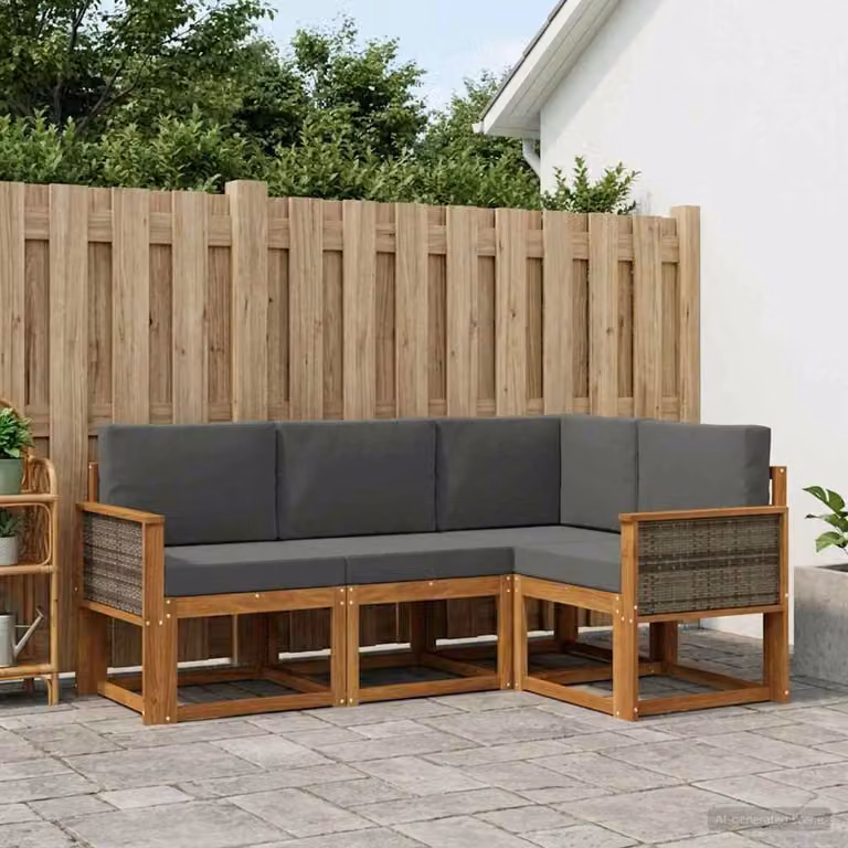 Set di divani da esterno vidaXL 4 pz a forma di L in legno di acacia con cuscini beige e antracite