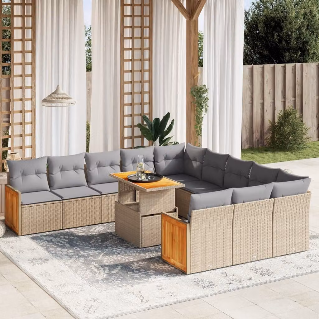 vidaXL Set Divani da Giardino 11 pz in Polyrattan Beige con Cuscini e Tavolino – 1