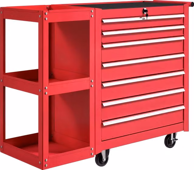 HOMCOM Carrello da officina in acciaio con 7 cassetti, ripiano removibile e 4 ruote, Rosso, L: 96 cm, P: 33,5 cm, H: 75 cm