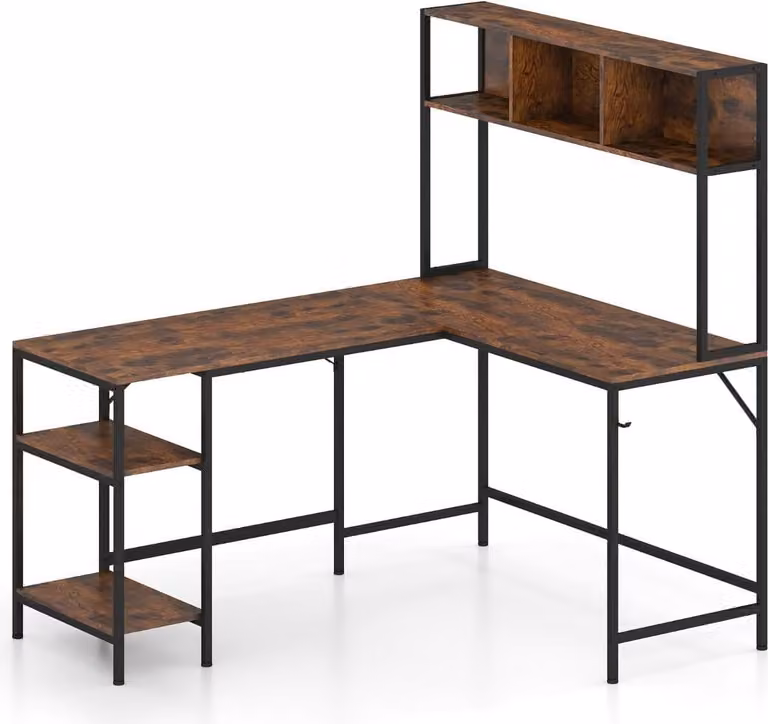 Scrivania a L con libreria, tavolo angolare per computer, marrone rustico