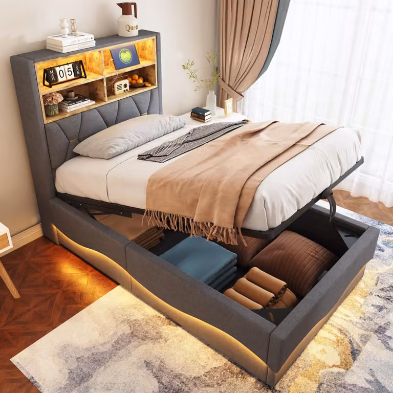 MODFU Letto per bambini 180×200 con rete metallica, letto imbottito con striscia LED controllata tramite app e caricatore USB, letto con vano contenitore idraulico, senza materasso, grigio