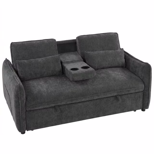 HOMCOM 3 in 1 Divano Letto 2 Posti con Schienale Regolabile in 3 Posizioni con 2 Cuscini, in Ciniglia, Grigio Scuro   Aosom Italy