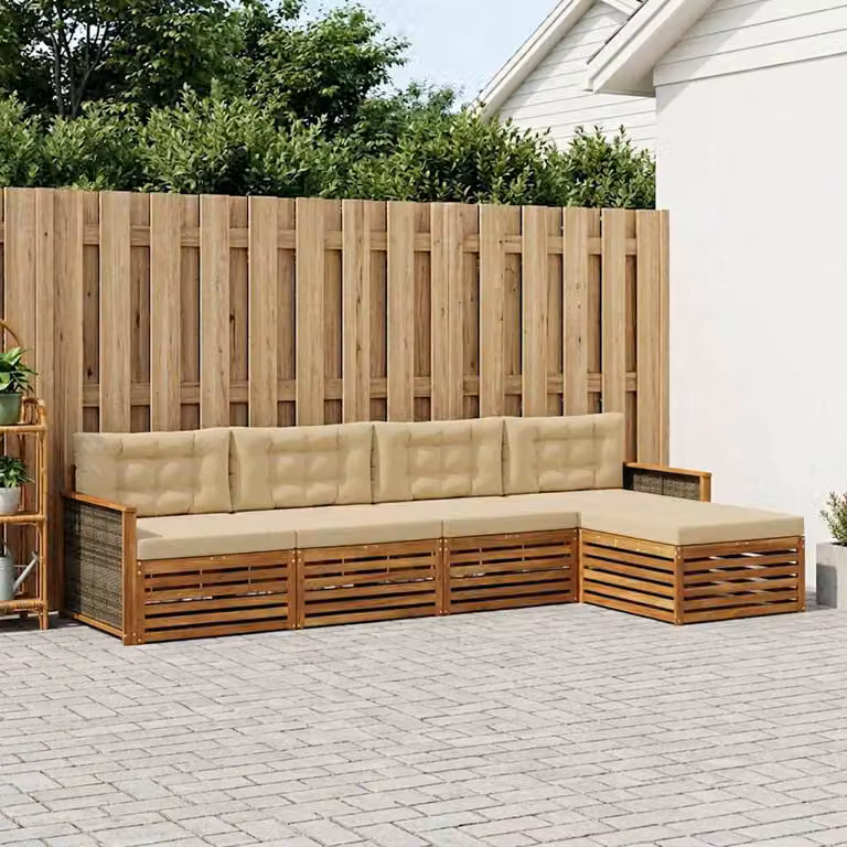 Set di divani da esterno vidaXL a forma di L in legno di acacia con pouf e cuscini, colore beige e marrone