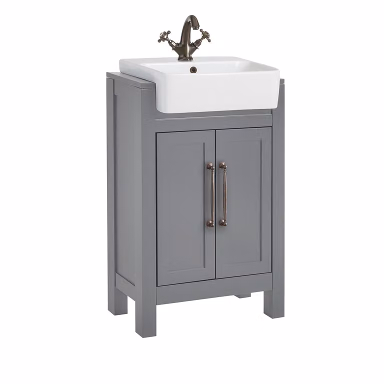 Mobile Bagno Grigio Chiaro da 550mm con Lavabo e Maniglia Classica con Barra a T in in Bronzo Spazzolato - Warwick