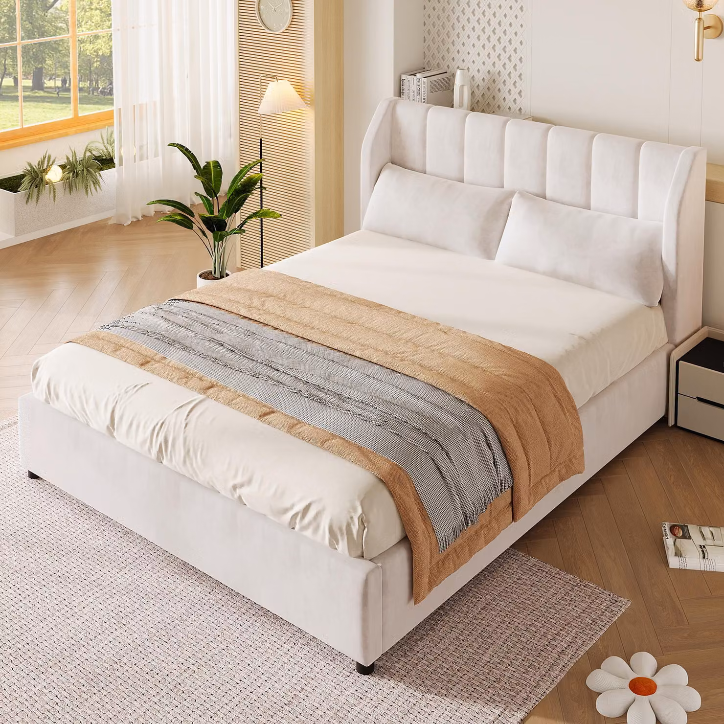 Letto imbottito Flieks, 140x200 cm, con 2 cuscini decorativi. Letto a una piazza o a due piazze con testiera imbottita. Letto in legno, stile classico, adatto anche per bambini, rivestito in velluto, colore beige