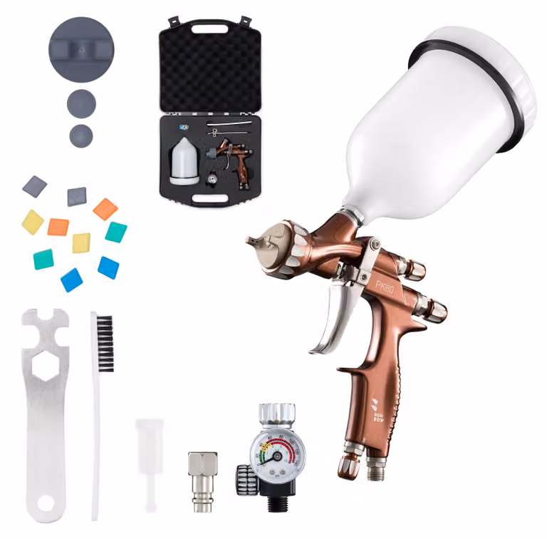 Pistola a spruzzo Benbow PK80, set di 6, con valigetta, ugello da 1,3 mm nel set, serbatoio 600 ml, pressione 1,1 bar