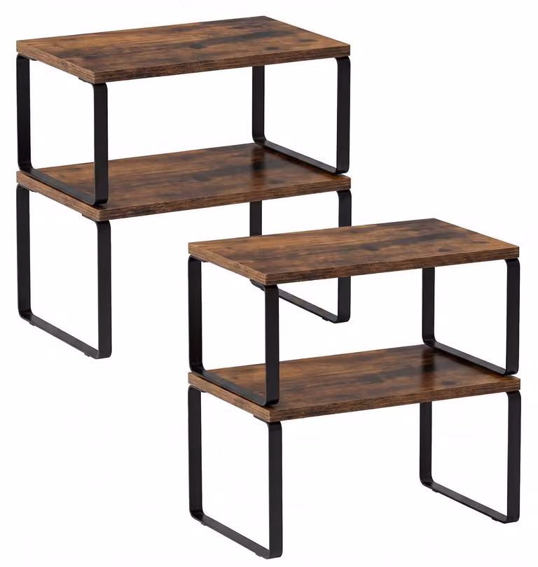 Set di 4 organizer per ripiani della cucina, in marrone, di due diverse dimensioni, impilabili, in metallo e legno