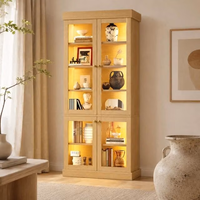 Armadio alto 80x40x180 cm naturale in MDF e vetro, LED e ripiani